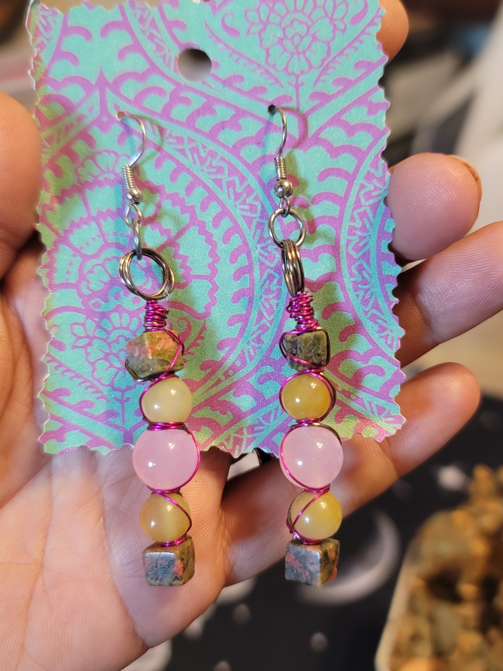 🔥3 For $20 Handmade Pink, Yellow, and Green Beaded Multistone Dangle Earrings
